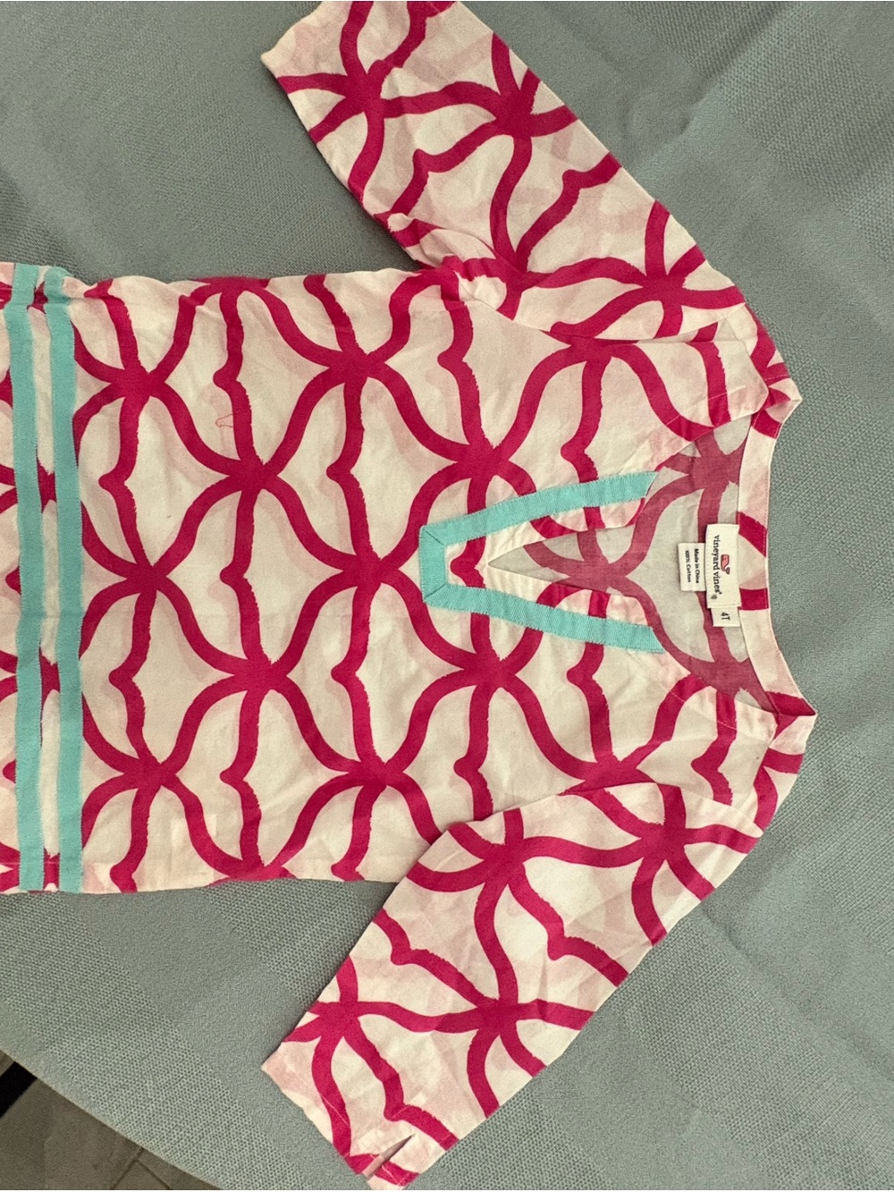 Girls Vineyard Vines Pink Geometric Long Sleeve Top with Aqua Trim